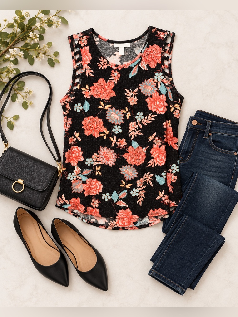 Maurices Black Floral Sleeveless Strappy Cutout Tank Top